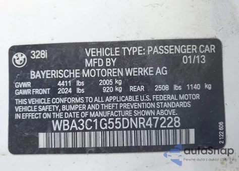 2013 BMW 328I из США, поврежденный, VIN WBA3C1G55DNR47228